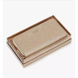 KATE SPADE BOXED SHIMMY GLITTER LARGE CONTINENTAL WALLET IN ROSE GOLD
